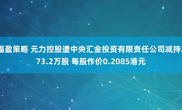福盈策略 元力控股遭中央汇金投资有限责任公司减持273.2万股 每股作价0.2085港元